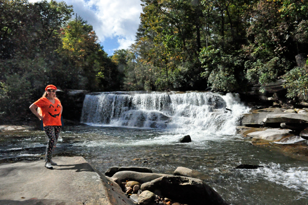 Karen Duquette at the Living Waters waterfall